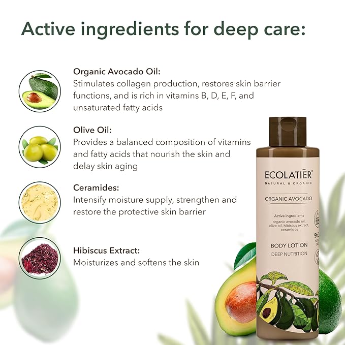 Body Lotion with Organic Avocado – Deep Nutrition, 96.3% Natural, Vegan Moisturizer with Avocado & Olive Oils, Hydrating Lotion for Dry Skin, 8.5 Fl Oz - ECOLATIER