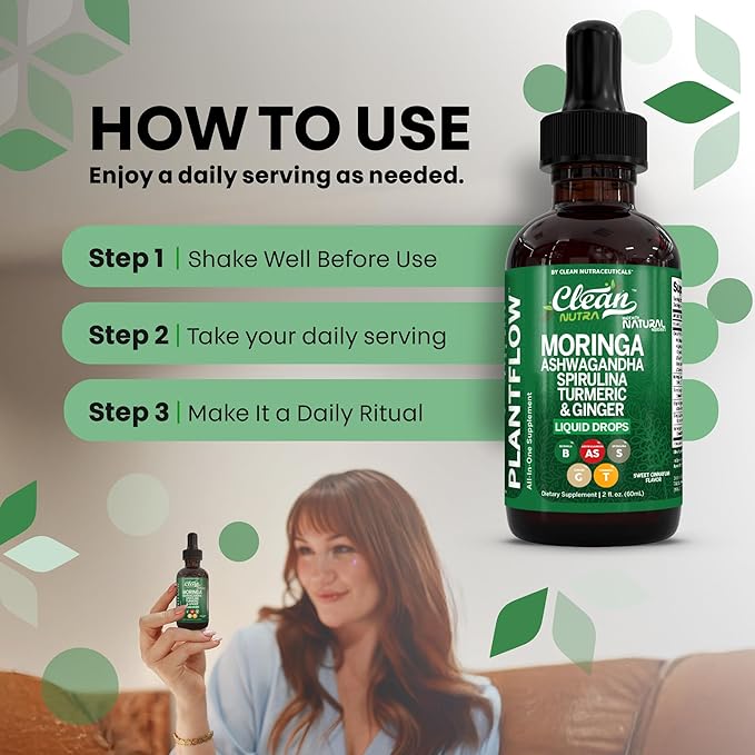 Clean Nutra Moringa Supplement Drops Ashwagandha Spirulina Chlorella Turmeric & Ginger Liquid Barley Grass with Chlorophyll Blue Green Algae Vitamin C Antioxidant Holy Basil Ceylon Cinnamon PlantFlow