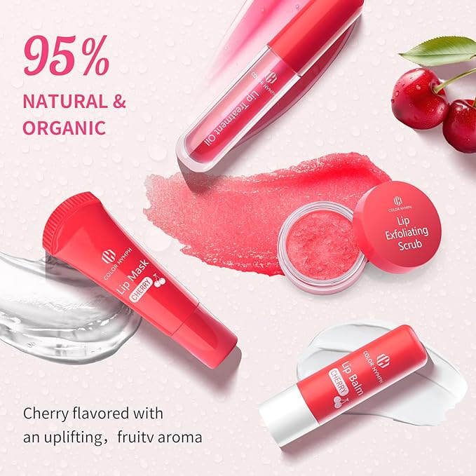 Color Nymph Lip Care Quad - Lip Balm, Overnight Lip Mask, Lip Treatment Oil & Lip Scrub, Intense Hydration Lip Set for Dry Chapped Cracked Lips, Exfoliate & Moisturize - 4 Piece Gift Set - Cherry