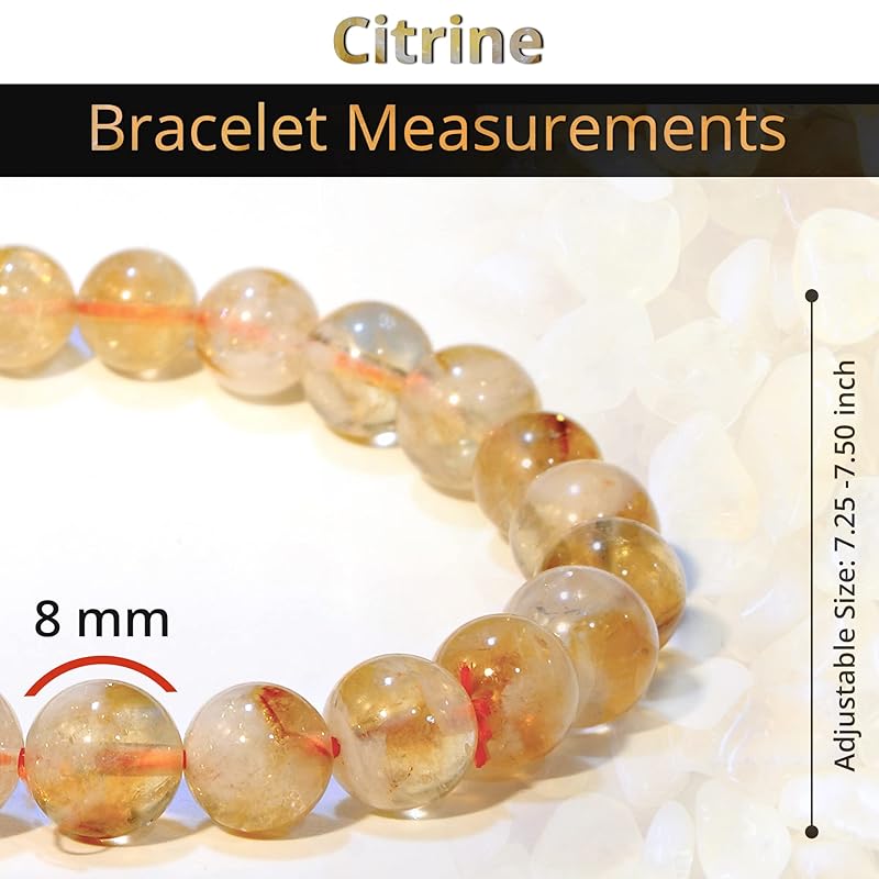 Genuine Citrine Bracelet, Healing Crystal Bracelet for Women and Men, 8mm Round Beaded Bracelet for Spiritual Healing, Protection, Positive Energy, Elastic Adjustable Size Gemstone Bead Bracelet