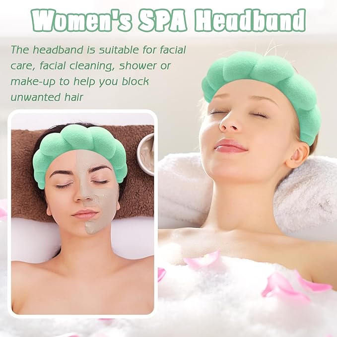 Zkptops Spa Headband for Washing Face Wristband Set Sponge Makeup Skincare Headband Wrist Towels Bubble Soft Hairband for Women Puffy Headwear Winter Non Slip Thick Thin Hair Accessory(Light Green-3)