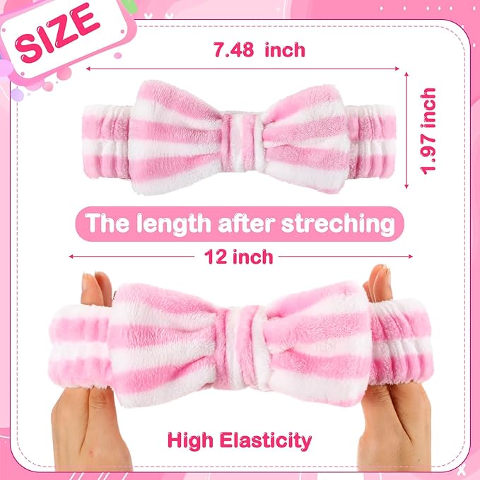25 Pcs Spa Headband Bulk Makeup Headbands for Washing Face Cute Bow Hairbands Soft Coral Fleece Hairbands for Women Face Skin Care Makeup Spa Gift Shower Yoga (Stripe Pattern,Pink)