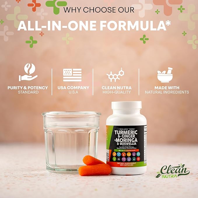 Clean Nutraceuticals Turmeric Moringa Supplement | Ginger Boswellia Saffron - Supplement for Women and Men with Ceylon Cinnamon, Tart Cherry, Quercetin Garlic Nettle Holy Basil - 1Pack