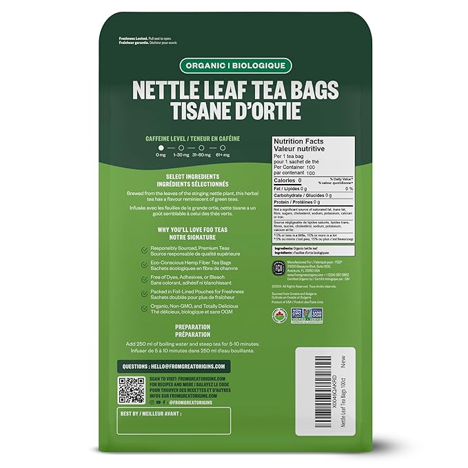 FGO Organic Nettle Leaf Tea, 100 Count, Eco-Conscious Tea Bags, Caffeine Free, Resealable Bag, Packaging May Vary (Pack of 1)