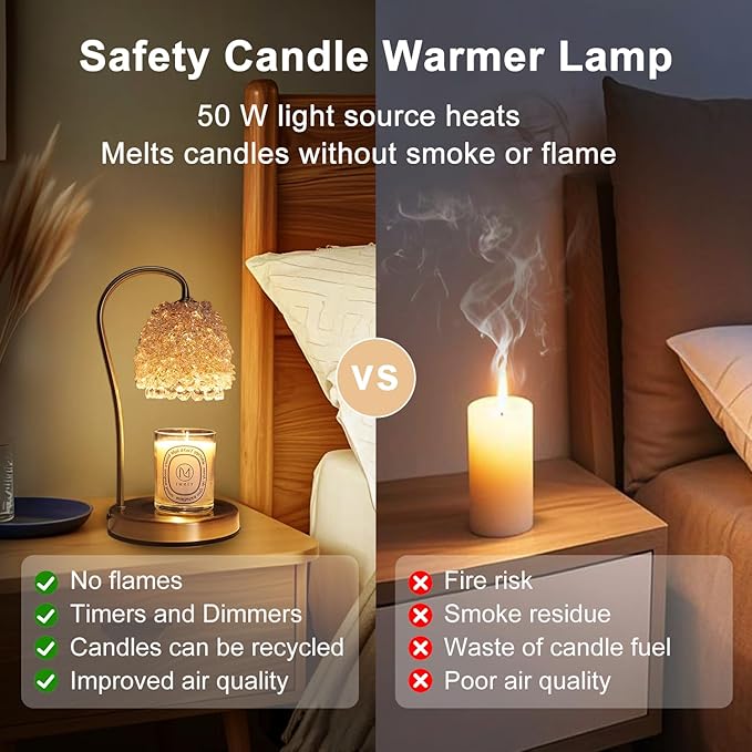 Candle Warmer Lamp with Timer Adjustable - Height Candle Warmer, Dimmer, Crystals Lampshade, Wax Melting Lamps for Home Decor, for Candles in Jars with 2 Bulbs