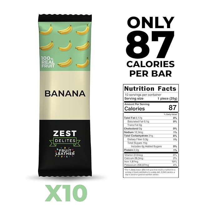 Dried Fruit Bars by Zest Delites, Fruit Leather Snacks, Healthy Snacks Pack for Adults & Kids, Lavashak, Vegan, Apple-Based Banana Strips, 0.88 oz x 10