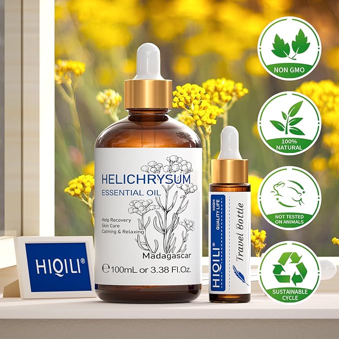 HIQILI Helichrysum Essential Oil for Skin Nourish, Undiluted & Natural, Relieve Fatigue in Body Massage, Reduce Fine Line and Wrinkle, Aromatherapy Diffuser, DIY Floral Scented Gift -100ML