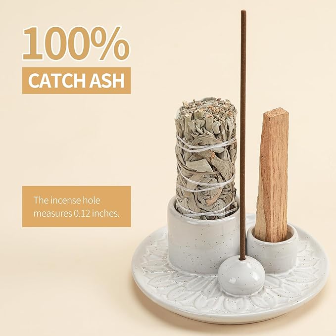 Palo Santo Sticks Holder, Multi-Purpose Handmade Ceramic Incense Burner for Palo Santo Incense Sticks, Sage Holder for Burning, Ash Catcher Tray for Meditation Yoga Room (Spotted White)