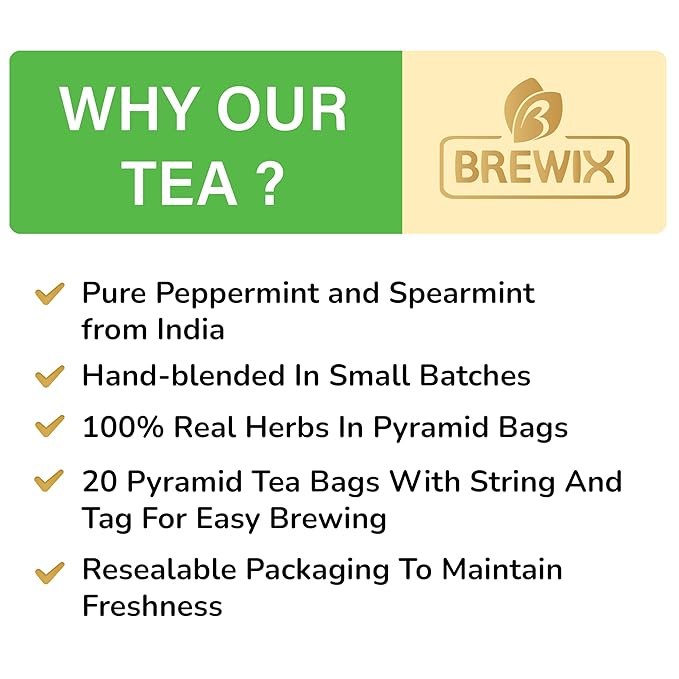 BREWIX, Perfect Mint Tea (20 Pyramid Tea Bags) | Soothing Mint Blend for Digestion Support & Daily Calm | Calming, Fresh and Cool | Caffeine Free Herbal Tea | No Sugar & No Caffeine | Spearmint and Peppermint