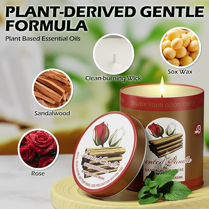 Sandalwood & Rose Scented Candles Gift Set | 2 Pack,8% Essential Oils,80-Hour Clean Burn Smoke-Free | Tin Jar Soy Wax Aromatherapy Candles Relaxation Meditation for Home Birthday Gifts for Men & Women
