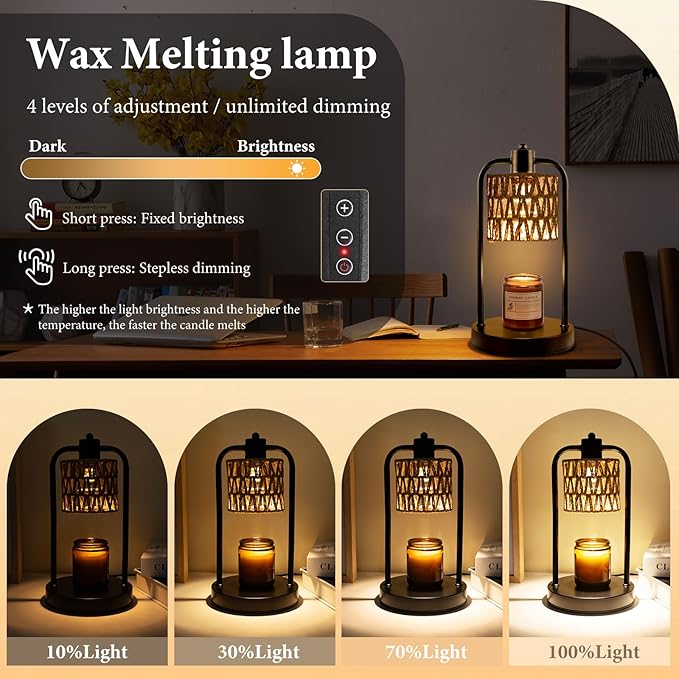 Candle Warmer Lamp with Light Timer: Electric Wax Melt Warming Lamps Dimmable for Jar Candles for Birthday Christmas Gift, Room, New House, Bedroom, Vintage Home Decor (Black + Brown Hemp Rope)