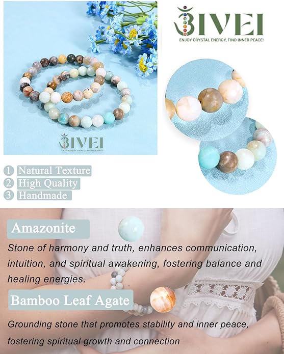 Bivei Natural Gemstone Semi Precious Healing Crystals Handmade Stretchy Round Beads Bracelet, Enhance Positive Energy