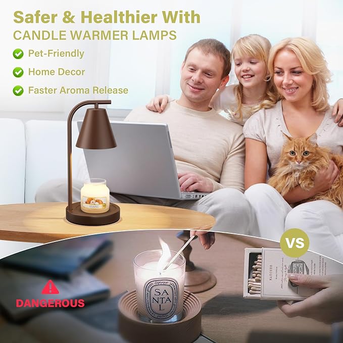 Candle Warmer Lamp with Timer - Electric Wax Melter for Jar Candles with 2 Bulbs, Flameless Scented Candle Warmer for New Home, Creates Cozy Ambiance, Modern House Warming Gift for Women (Brown)