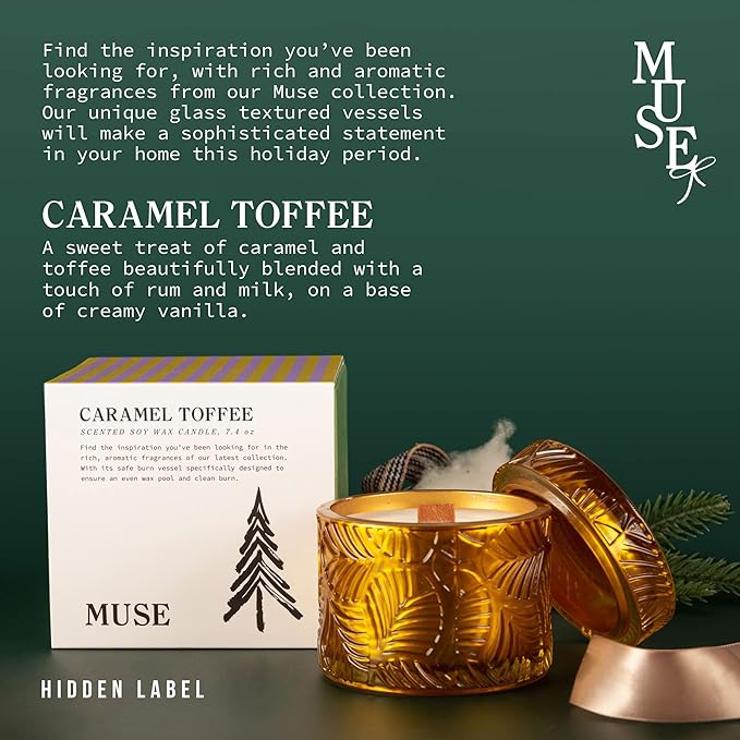 Hidden Label Christmas Candle - Caramel Toffee Scented, Crackling Wood Wick Soy Candles in 7.4oz Glass Jar - Perfect Gifts for Women