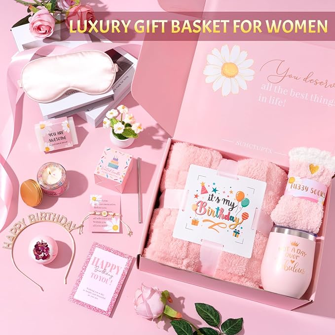 Birthday Gifts for Women, 12pcs Happy Birthday Gift Basket for Women Unique Gifts Set Ideas Relaxing Birthday Box w/ Blanket for Her Mom Best Friends Female Sister Her Friendship(pink)