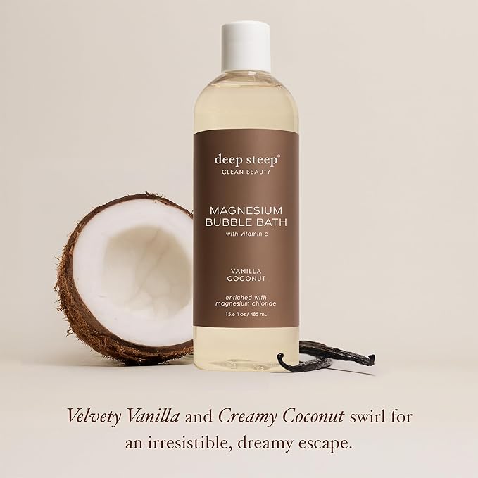 Deep Steep Magnesium Bubble Bath, 15.6 oz – Foaming Soak with Magnesium, Coconut Oil, Aloe, Vitamin C, Shea Butter & Argan Oil – Vegan, Clean Beauty for Stress & Sleep (Vanilla Coconut)
