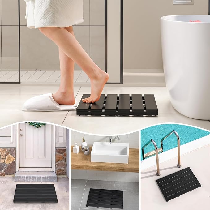 Domax Wooden Bamboo Bath Shower Mat- Non-Slip Waterproof Large Bathroom Floor Mat for Indoor Outdoor (Black, 21.26 x 14.17 x 1.3 Inches)