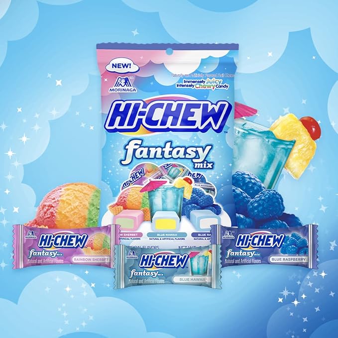 HI-CHEW Fantasy Mix, 6 Bags, 3oz each - Rainbow Sherbet Blue Hawaii Blue Raspberry - Unique Fun Soft & Chewy Halloween Candy - Immensely Juicy Fruity Candy Flavors - Individually Wrapped for Sharing