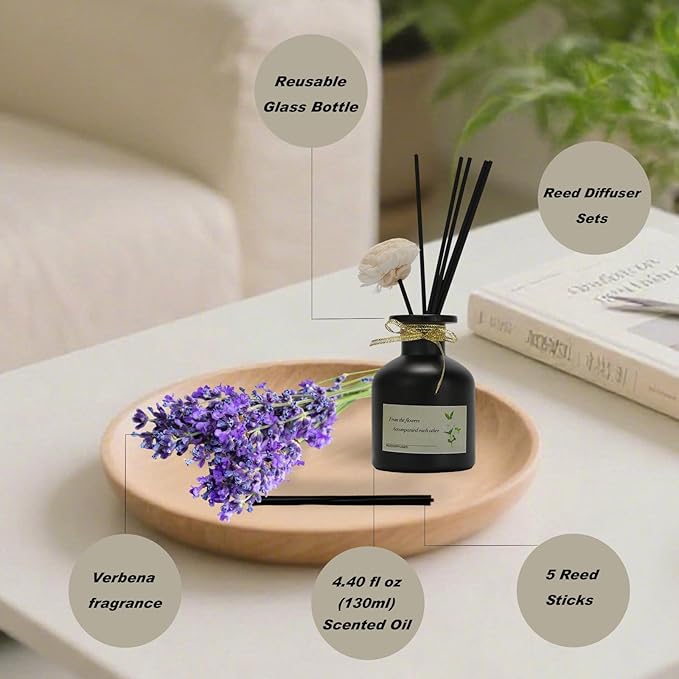 130ML Reed Diffuser for Home -Long-Lasting Fragrance, Elegant Glass Bottle for Office Living Room, Bathroom, Bedroom Decor (Verbena Scent)
