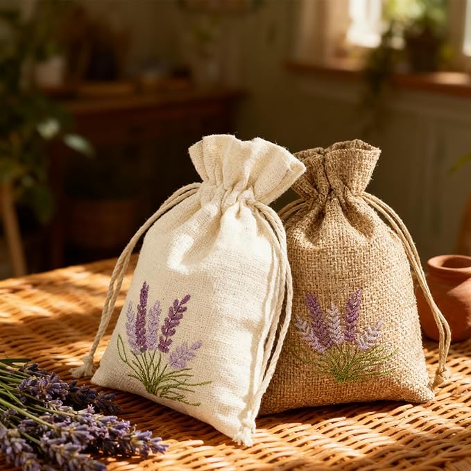 12 PCS Lavender Bags, Burlap Drawstring Bags, Empty Perfume Pouches Drawstring Sachets, Candy Cotton Pouch, Small Jute Bag for Jewelry Candy Wedding