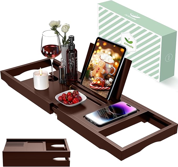 Artmalle Bathtub Tray for Tub, Expandable Bamboo Bath Caddy Tray with Book Stand for Home Spa Relaxing, Foldable Minimalist Bathroom Accessories for Women Men (Simple, Brown)