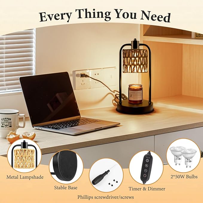 Candle Warmer Lamp with Light Timer: Electric Wax Melt Warming Lamps Dimmable for Jar Candles for Birthday Christmas Gift, Room, New House, Bedroom, Vintage Home Decor (Black + Brown Hemp Rope)
