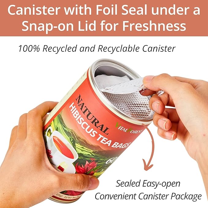 60 Hibiscus Flower Tea Bags, 2g/Bags, VitalForest Hibiscus Tea Roselle Tea, Natural Flor de Jamaica Flower, Caffeine Free, Non-GMO, Unbleached Bags, Canister Packaged