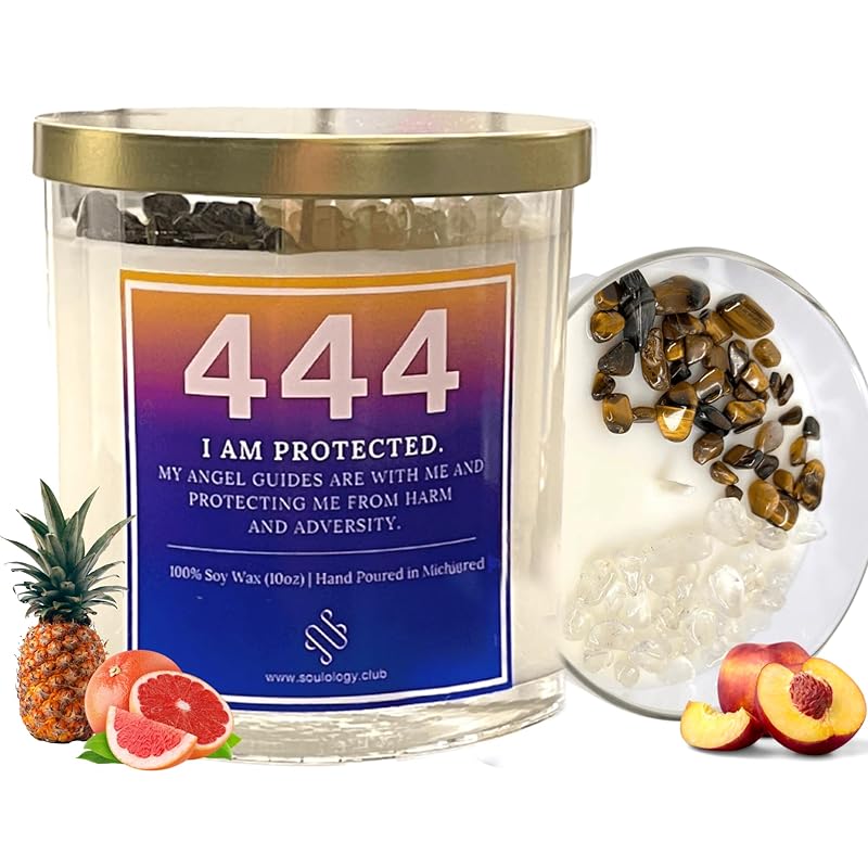 444 Angel Number Candle, 10oz, Crystal candle, 100% Soy Wax & Phthalate-Free Fragrance candles, Gifts candles for women, Angel Number Gift, Protection Candle