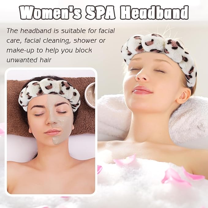 Zkptops Spa Headband for Washing Face Wristband Set Sponge Makeup Skincare Headband Wrist Plush Bubble Get Ready Hairbands for Women Puffy Headwear Non Slip Thick Thin Hair Accessory(Beige Leopard)