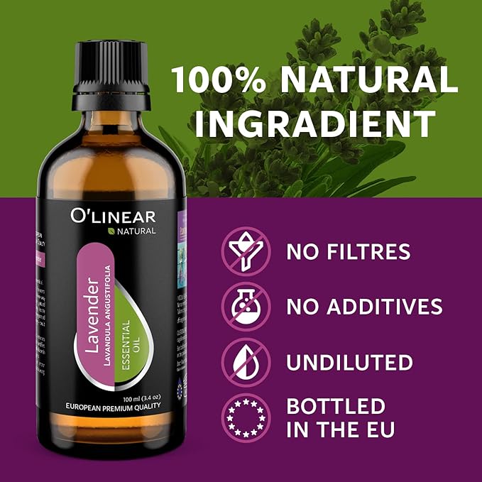 Pure Lavender Essential Oil by O'linear - Tension Relief Oil for Diffuser & Humidifier - Perfect Bedroom Essential for Deep Dreams - Lavender Scented Aromatherapy Oil Candle Making 3.4 FL Oz