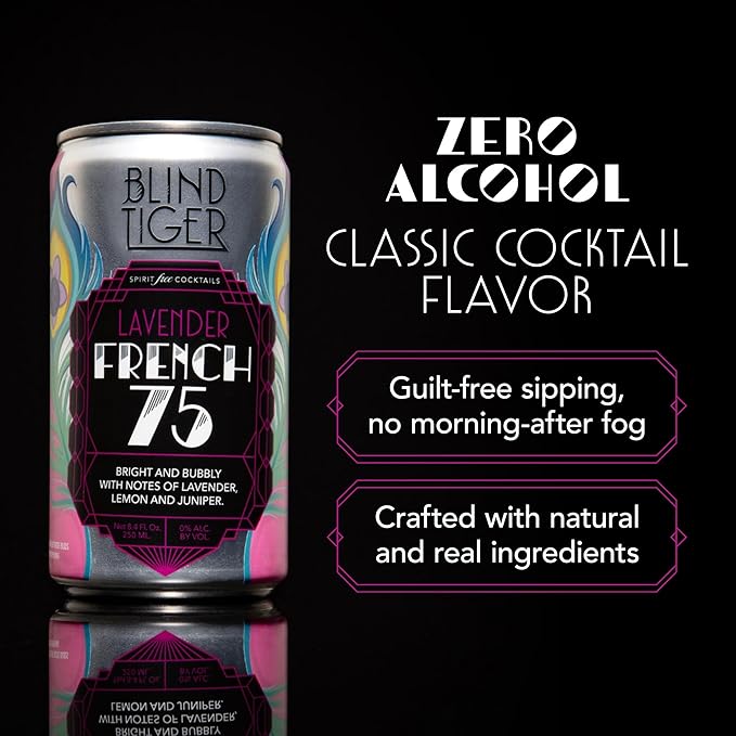 Blind Tiger Lavender French 75 8-Pack | Lavender, Cherry & Citrus Non-Alcoholic Sparkling Mocktail | Crafted with Natural Ingredients | Mixers, Cocktails, Mocktails | 8.4 fl oz Cans