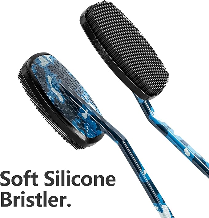 New Camo Blue Silicone Back Scrubber for Shower,Back Shower Brush with Long Handle Back Scrubber for Men and Women