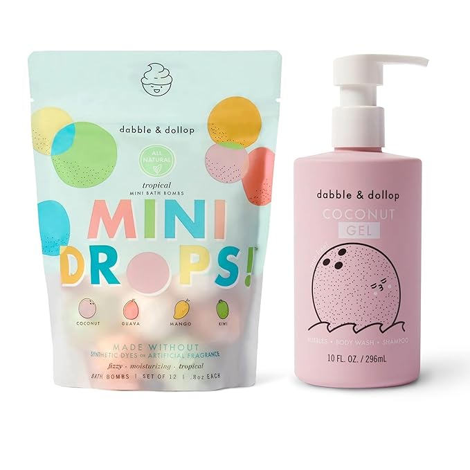 Dabble & Dollop Tropical Mini Bath Bombs & Coconut Shampoo, Body Wash and Bubble Bath for Kids - All Natural Scents, Resealable Pouch, USA Made, Vegan, Gluten-Free, Cruelty-Free (Pack of 2)