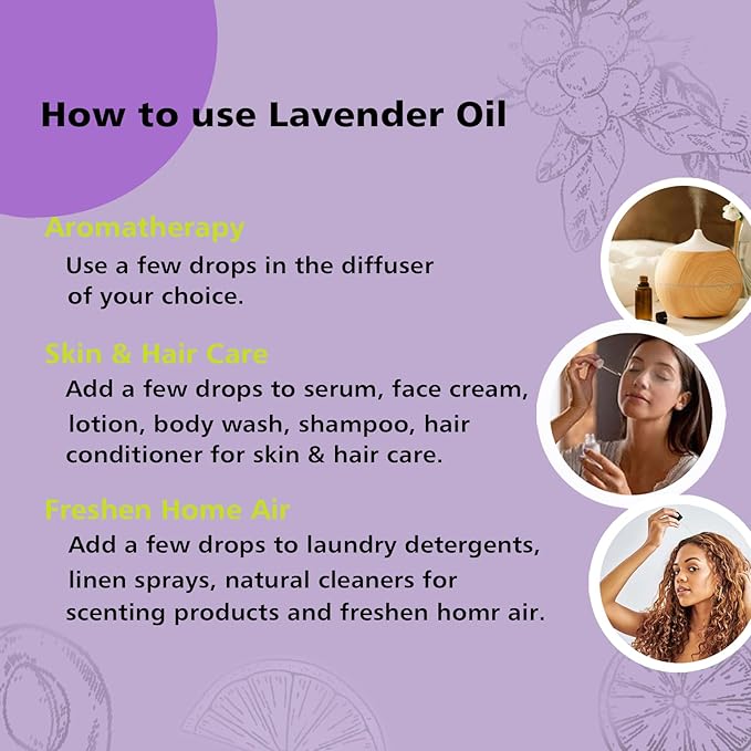 Lavender Essential Oil - Pure Organic Lavender Oil for Skin, Hair, Diffuser, Spray, Roll On, Body Massage - Floral Scent, 10mL