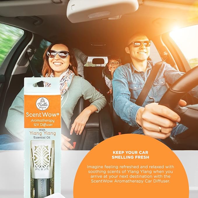 Belle Aroma ScentWow Aromatherapy - Ylang Ylang Car Diffuser for Essential Oils – Portable 12V Plug-In Mini Diffuser – Compact Travel Humidifier for Car, Truck & Small Spaces – White & Gray