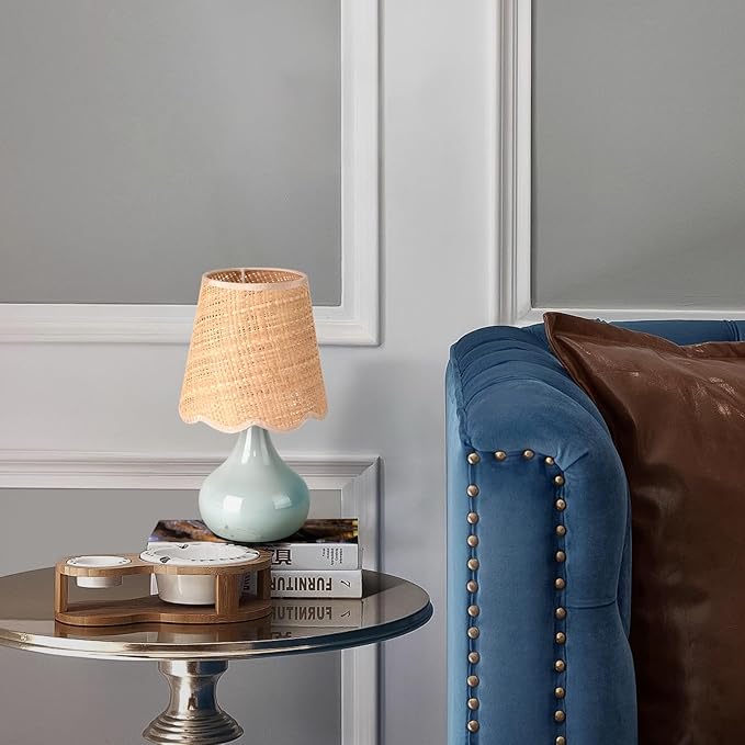 Light Blue Boho Small Table Lamp for Small Spaces, Small Rattan Shade Bedside Lamp for Bedroom, Cute Nightstand Light for Bedside, Kitchen Counter, Bookshelf Lamp, Home Office, Living Room, Dorm