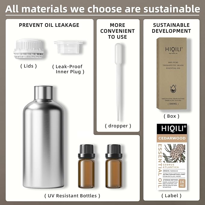 HIQILI 16 Fl Oz Cedarwood Essential Oil, Pure Natural Cedarwood Oil for Diffuser, Aromatherapy - 500ML