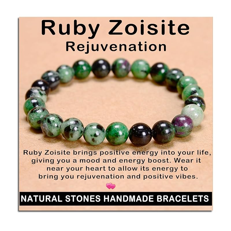AD Beads Handmade Gemstone Stretch Elastic Bracelet Crystal Healing Reiki Nature's Beauty and Spiritual Essence Unisex (8mm, Ruby Zoisite (Rejuvenation))