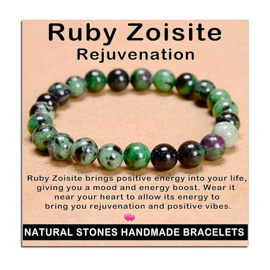 AD Beads Handmade Gemstone Stretch Elastic Bracelet Crystal Healing Reiki Nature's Beauty and Spiritual Essence Unisex (8mm, Ruby Zoisite (Rejuvenation))