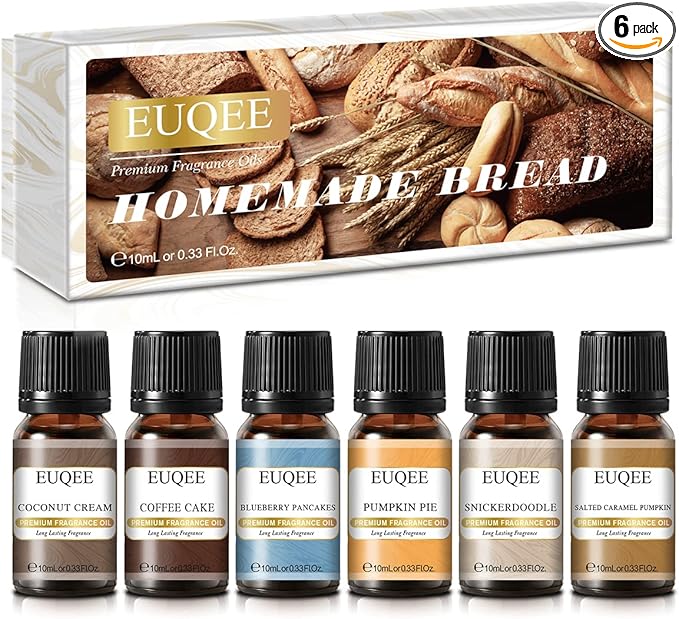 EUQEE 6PCS Premium Fragrance Oils for Homemade Bread-10ml-Pumpkin Pie, Coconut Cream, Snickerdoodle, Coffee Cake, Blueberry Pancakes, Salted Caramel Pumpkin