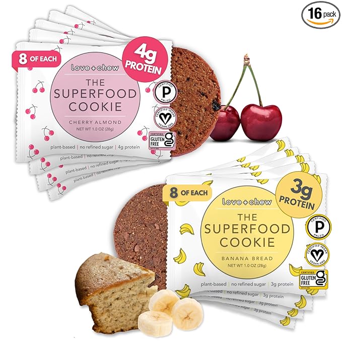 Love + Chew - Banana Bread and Cherry Almond Minis - 16 Count - Tasty, Gluten Free Cookies - Vegan - Healthy, Paleo, Non GMO - Individually Wrapped and Soft Baked with High Protein Almonds - 1 Oz Each