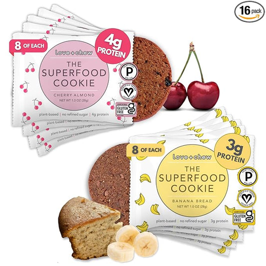 Love + Chew - Banana Bread and Cherry Almond Minis - 16 Count - Tasty, Gluten Free Cookies - Vegan - Healthy, Paleo, Non GMO - Individually Wrapped and Soft Baked with High Protein Almonds - 1 Oz Each
