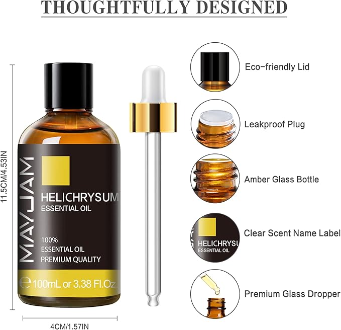 Helichrysum Essential Oil, MAYJAM Pure Essential Oils for Diffusers, 3.38FL.OZ/100ML Large Volume Helichrysum Oil with Premium Glass Dropper