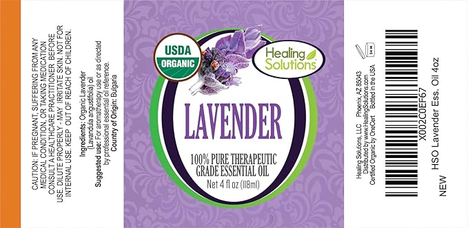 Healing Solutions 4 oz (120 ml) Organic Lavender Essential Oil, Pure, Undiluted, for Diffuser & Skin, Therapeutic Grade, Aromatherapy Lavender Essential Oil
