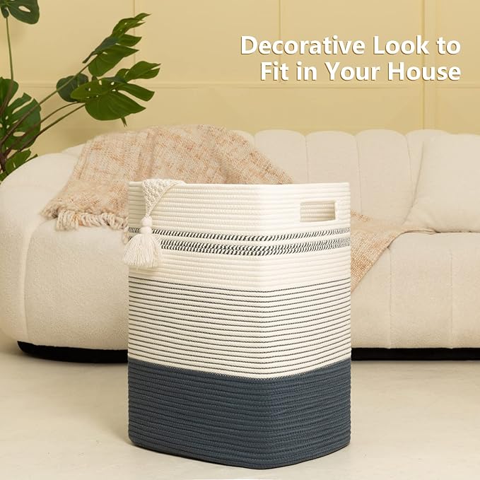 Laundry Hamper, Large Woven Rope Tall Laundry Basket with Handles, 22" X 17" X 13", Decorative Storage Basket for Clothes and Blankets in Living room, Bedroom, Dark Blue& White