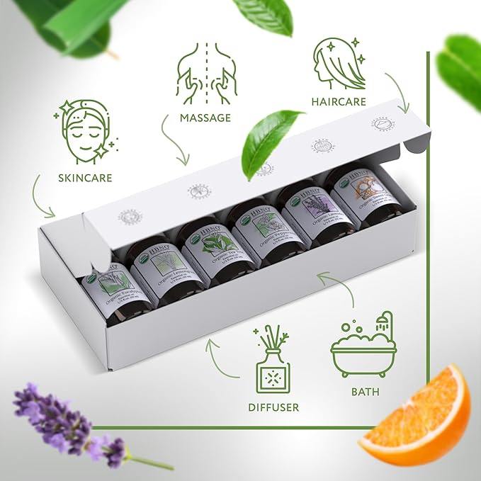 HBNO Organic Essential Oils Set (10ml) - Top 6 Essential Oils. Ideal for Aromatherapy, Soap Making, and Skincare and More - Lavender, Eucalyptus, Tea Tree, Peppermint, Orange, Lemongrass.