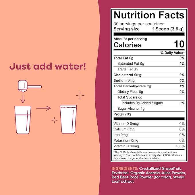 FlavCity Pink Grapefruit Superfood Lemonade Drink Mix - Sugar-Free Lemonade Powder with Real Crystallized Grapefruit & Organic Acerola - 100% DV Vitamin C - Keto, Gluten-Free, Non-GMO (30 Servings)