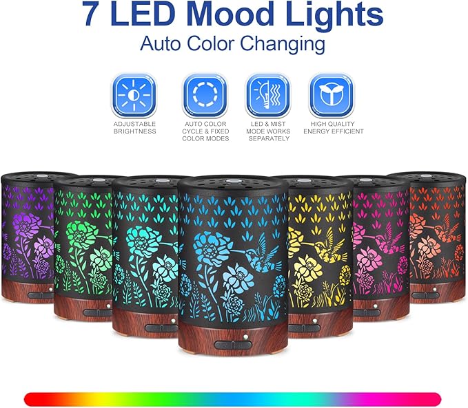Essential Oil Diffuser- Aromatherapy Diffuser with7 Colors Light, and Auto-Off - Metal Cool Mist Humidifier for Home and Office(Hummingbird)…