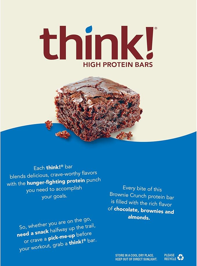 think! Protein Bars, High Protein Snacks, Gluten Free, Sugar Free Energy Bar with Whey Protein Isolate, Brownie, Nutrition Bars without Artificial Sweeteners, 2.1oz Bars, 1 Box (Pack of 2)