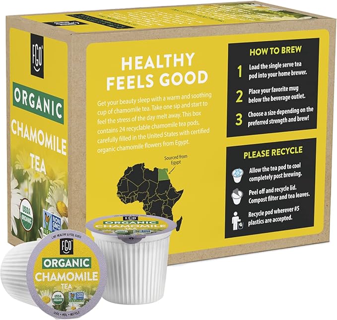 FGO Organic Chamomile Tea K-Cup Pods for Keurig, 24 Count (Pack of 1), Naturally Caffeine-Free Herbal Tea, USDA Organic, Non-GMO, & Recyclable